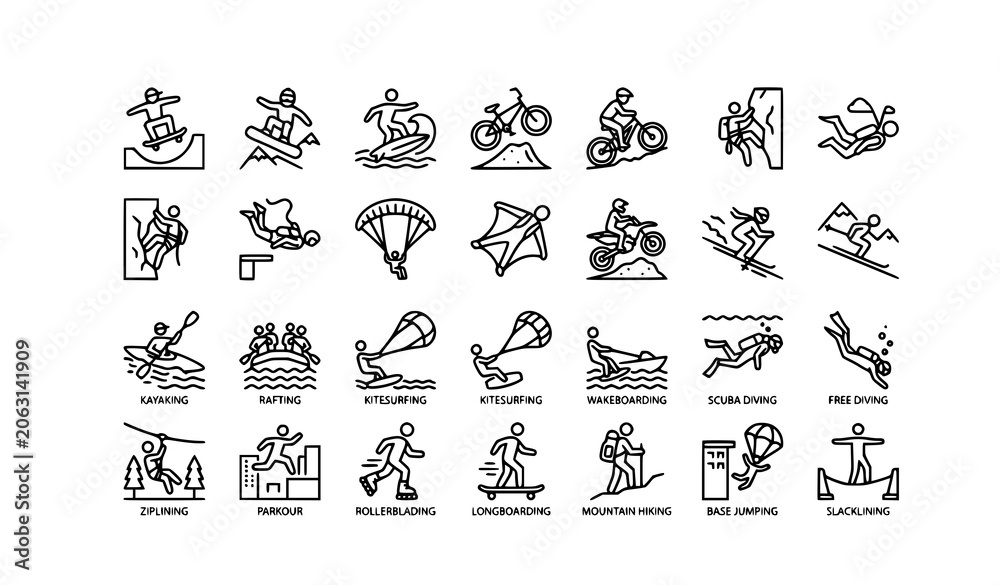 Fototapeta premium Simple Extreme Sports Line Icons Set with Editable Stroke Vector Collection for Web and UI Design