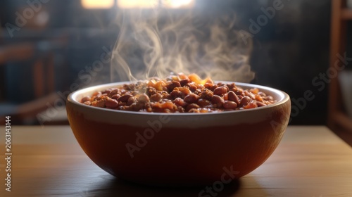 Hot steaming bowl of red bean chili on a wooden surface.