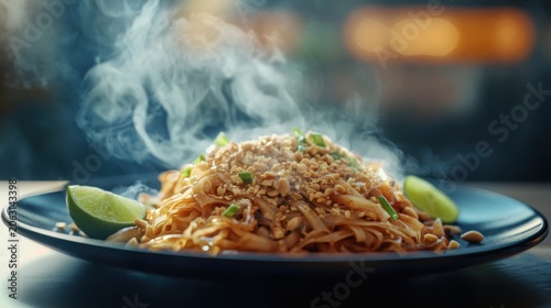 Hot steaming noodles with lime and peanuts served on a blue plate.