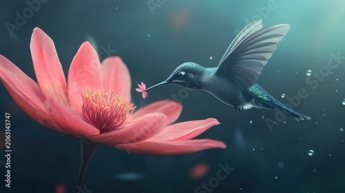 Hummingbird hovering next to a large pink flower in a dreamy atmosphere.