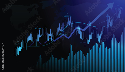 vector candlestick growth graph chart of stock market investment trading graph illustration design. business investment to success. financial data graph strategy on dark blue background.