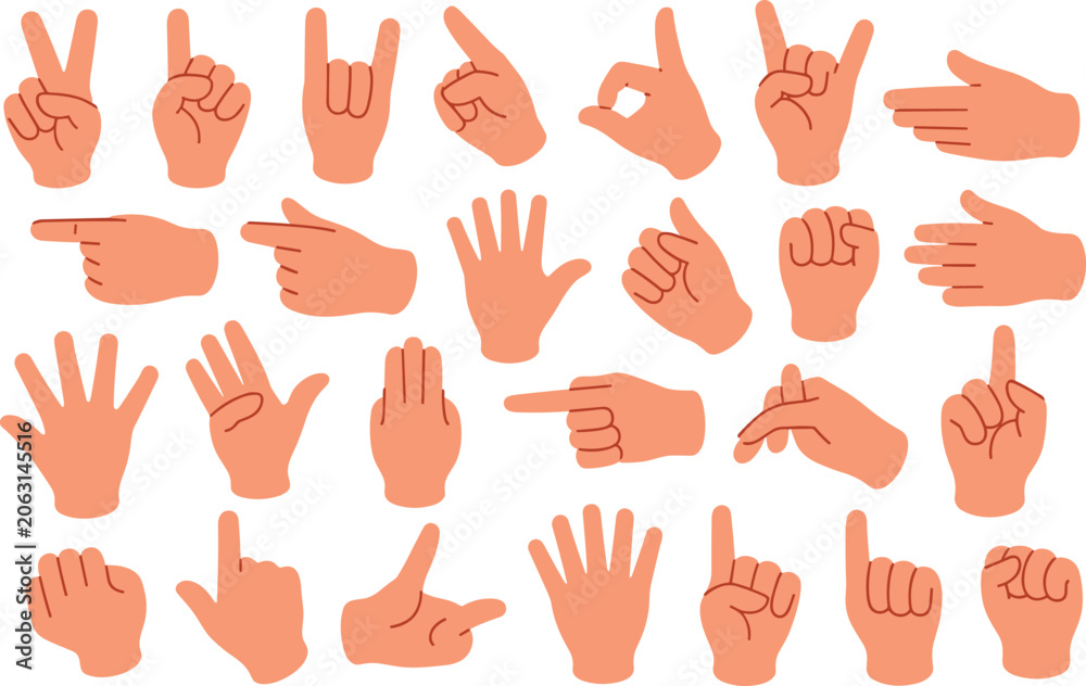 Fototapeta premium Cartoon hand gestures line art collection set showing pointing fingers rock horns fist bump and open palms isolated vector illustrationCartoon hand gestures line art collection set showing pointing fi