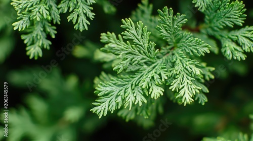 Serene Macro Detail of Lush Cypress Foliage with Intricate Fern-like Textures