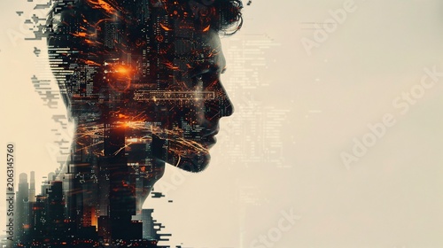 AI technology and man's silhouette combined in a double exposure, merging human and machine with text-friendly space.