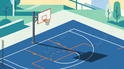 Vibrant vector illustration of an empty outdoor basketball court, showcasing modern geometric lines and a clean design for urban recreation and sports concepts