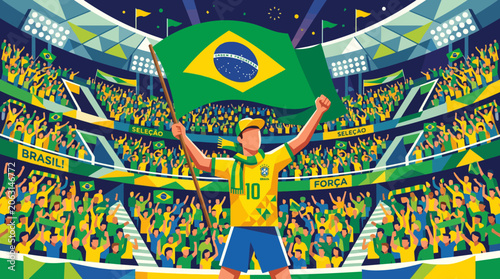 Enthusiastic Soccer Fan Waving a Large National Flag Inside a Crowded Sports Stadium During an International Championship Match