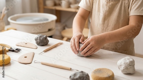 Child sculpting clay at art studio, creative craft activity, kids art concept.