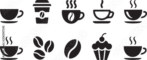 Set of coffee shop icons with hot cups of steamed drink beans and dessert muffin silhouette symbols on light gray background.