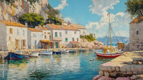 Impressionist painting of a sunlit Mediterranean port with docked boats.