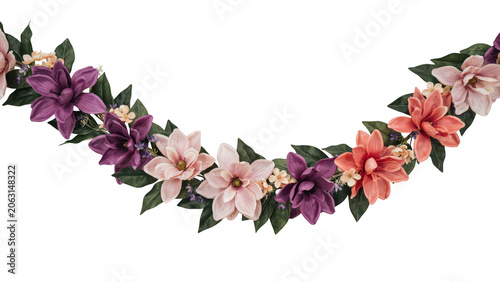 A decorative garland of artificial silk magnolia flowers in shades of purple, pink, and peach with green leaves, isolated on a white background