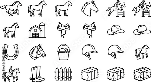 Foto Equestrian and Horse Breeding Line Icon Vector Set Featuring Stallions Riders Ju