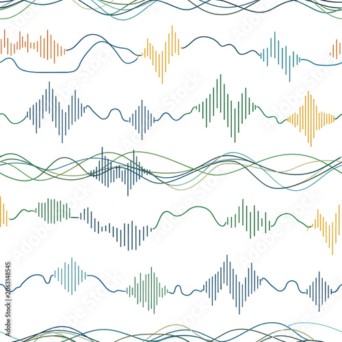 Seamless pattern of colorful sound waves and waveforms in various styles on a white background