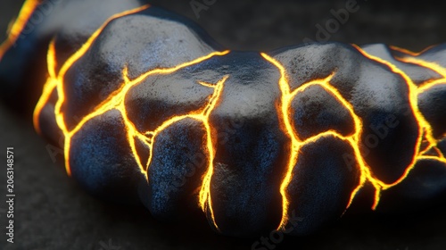 Glowing Lava Veins Cracking Through Dark, Textured Surface, Abstract Art.