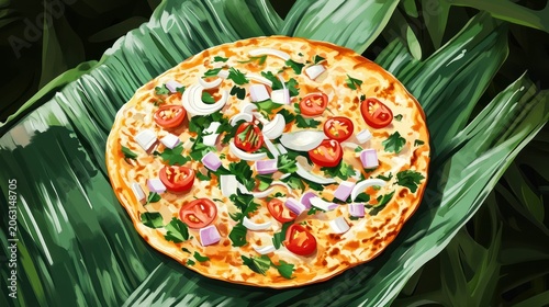 Indian vegetable uttapam flatbread served on green banana leaf.