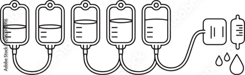 Bild auf Leinwand Intravenous fluid infusion medical equipment set showing multiple hanging saline bags connected through plastic tubing for treatment