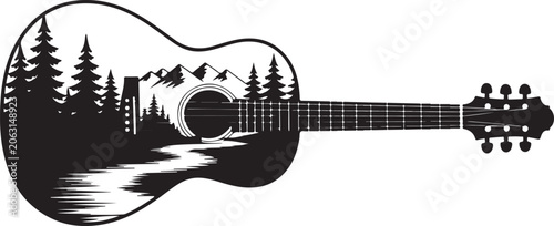 Schilderij op canvas Acoustic guitar shape silhouette containing scenic nature landscape with pine forest mountains and flowing river inside sound hole