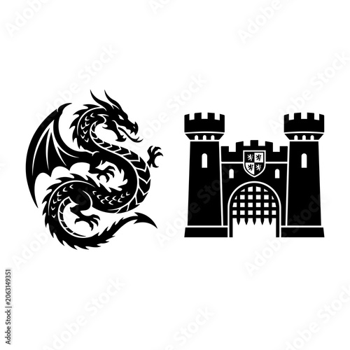 Tableau sur toile Mythical dragon and medieval stone castle gatehouse silhouette with coat of arms