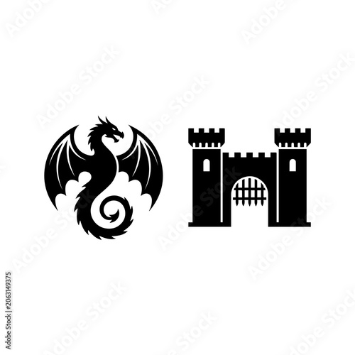 Foto Fantasy dragon silhouette and medieval castle gate icon set with medieval