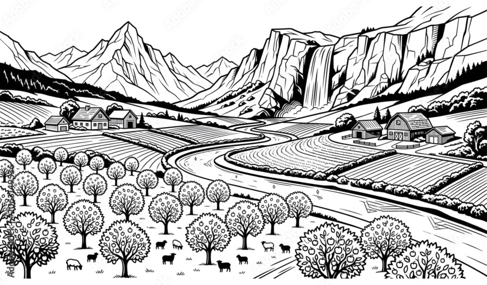 Obraz premium Pastoral Mountain Valley with Apple Orchard Farm Houses and Waterfall Vector Landscape