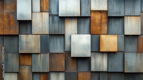Industrial wall pattern featuring rusty and polished metal square panels.