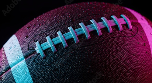 American Football Close-up with Water Droplets, Neon Lighting