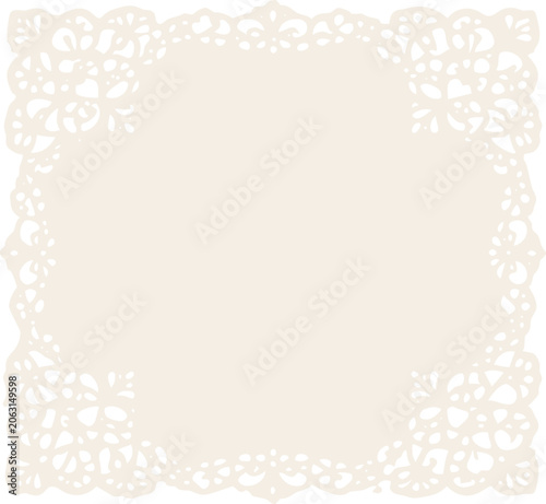 Elegant beige lace frame with floral cutout ornament on transparent background, perfect for wedding invitations, greeting cards and stationery design