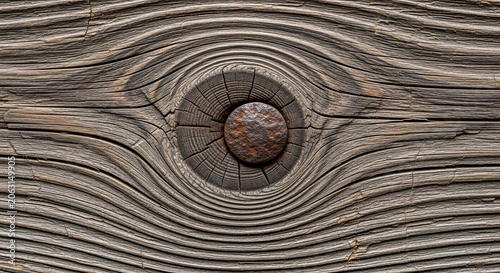 Close-up of weathered wood grain with a rusty nail head, abstract background