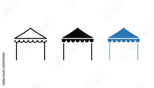 Bild auf Leinwand Outdoor event tent canopy icons in outline black silhouette and blue flat design
