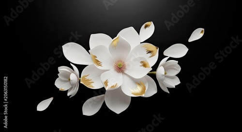Elegant White Magnolia Flowers with Golden Accents on Black Background