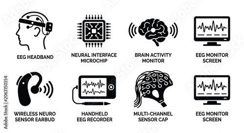 Neurological Interface Icons Flat Vector Illustration With Signal Waves