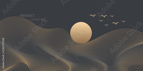 Vector abstract art landscape mountain with birds and sunrise with gold line art texture isolated on dark gray black background. eps10