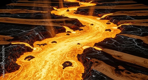 Fiery Lava Flowing Through Volcanic Landscape with Dramatic Light Rays