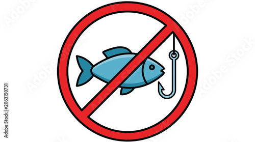 Prohibition sign indicating no fishing area with hook and fish silhouette