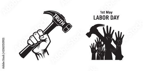 Labor day hammer hand and crowd silhouette illustration