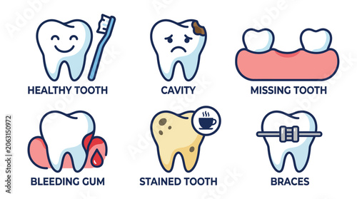 Oral healthcare collection showing dental checkup tools braces and clean teeth