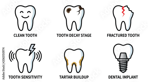 Six dental restoration icons detailing crown bridge implant and teeth whitening