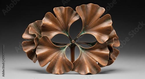 Ornate Copper Ginkgo Leaf Sculpture with Green Enamel Accents