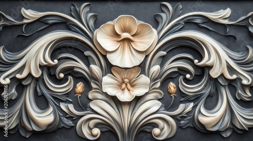Intricate symmetrical 3D floral relief carving with ornate scrolls.