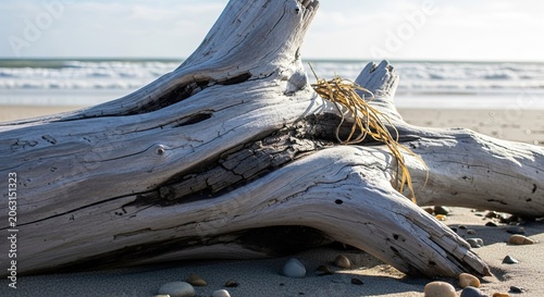 Weathered driftwood on sandy beach with ocean waves in background