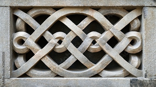 Intricate stone carving featuring a traditional interlaced knotwork design.