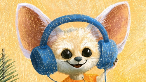 Cute cartoon fennec fox listening to music with blue headphones on a tree branch