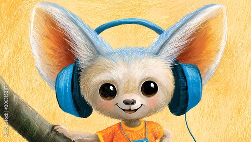Cute cartoon fennec fox listening to music with blue headphones on a tree branch