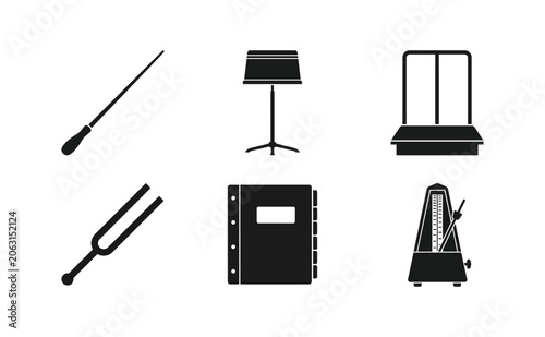 Bild auf Leinwand Collection of musical symbols and equipment icons including a conductor's baton,