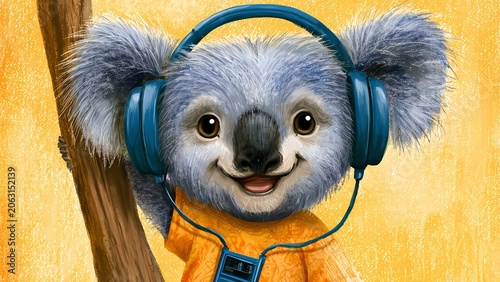 Cute cartoon koala listening to music with headphones on a tree branch
