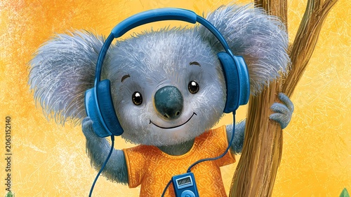 Cute cartoon koala listening to music with headphones on a tree branch