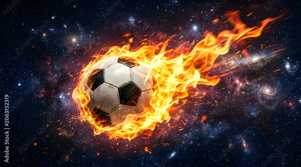 Naklejka premium Soccer ball exploding with fire in space background