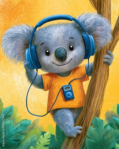 Cute cartoon koala listening to music with headphones on a tree branch