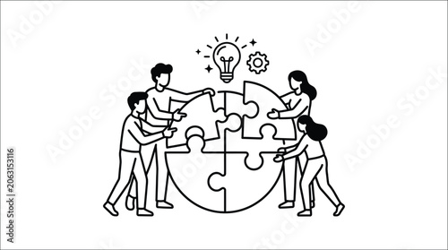 Diverse professional team putting puzzle pieces together for business project.