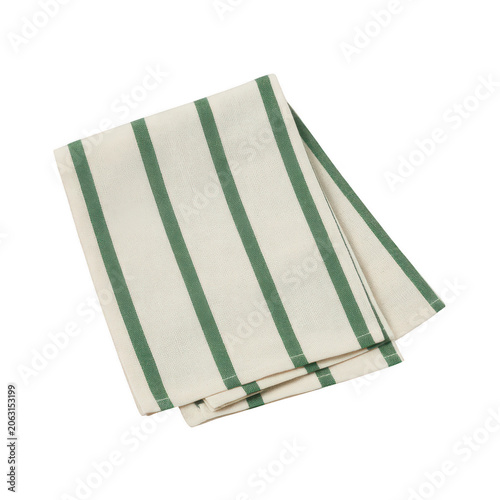A folded kitchen towel with green and white vertical stripes, made of cotton fabric, isolated on a white background, for culinary