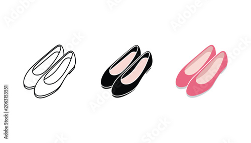 Foto Three variations of flat ballet slipper icons in outline solid black and pink fi